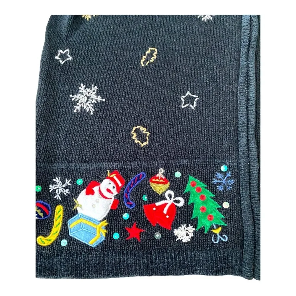 Keren Hart Vintage Embroidered‎ Christmas Zip Up Black Cardigan, Size Large